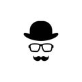 Gentleman icon isolated on white background. Silhouette of man`s head with moustache, hipster glasses and bowler hat.