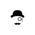 Gentleman icon isolated on white background. Silhouette of man`s head with moustache, lorgnette glasses and bowler hat