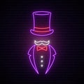 Gentleman neon sign. Bright signboard with cylinder hat and tuxedo.