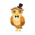 Gentleman Owl In Top Hat Cute Cartoon Character Emoji With Forest Bird Showing Human Emotions And Behavior