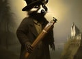 Gentleman raccoon wearing a hat and a coat. Amazing 3D Digital illustration. CG Artwork Background