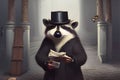 Gentleman raccoon wearing a hat and a coat. Amazing 3D Digital illustration. CG Artwork Background