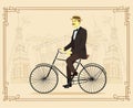 Gentleman on retro vintage old bicycle on old city vector