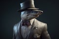 Gentleman shark boss in hat, suit and tie. Banner header. AI generated.