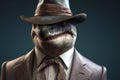 Gentleman shark boss in hat, suit and tie. Banner header. AI generated