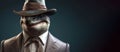 Gentleman shark boss in hat, suit and tie. Banner header. AI generated.