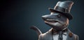 Gentleman shark boss in hat, suit and tie. Banner header. AI generated