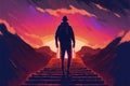 Gentleman standing on mountain stairway gazing at the sundown Royalty Free Stock Photo