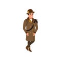 Gentleman in steampunk outfit. Young man wearing shirt, long brown coat, boots and bowler hat with gears. Flat vector