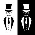 Gentleman wearing suit, retro hat, bow and glasses. Retro Tuxedo emblem.