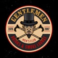 Gentlemen club vector round emblem, logo, badge or label in cartoon colored style on dark background