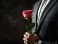 gentlemen in suits holding roses blank space, ai generative