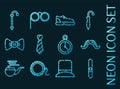 Gentlemens vintage stuff set icons. Neon style.