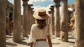 Gentlewoman In White Dress And Hat Walking In Ancient Roman Ruins