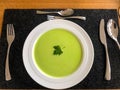 Gently green broccoli cream soup in a white porcelain plate on a gray felt plate and with green leaves for decoration . Silver