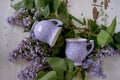 Gently purple bowl in the shape of a Bud, covered with icing. The skill of the ceramist.With branches of fluffy lilac