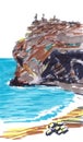 The gently sloping coast of the Mediterranean Sea with a large cliff of travel sketch
