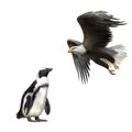 Gentoo penguin, american bald eagle in flight