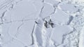 Gentoo penguin jump antarctic land aerial view