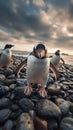 Gentoo penguin on pebble beach with cloudy sky Royalty Free Stock Photo