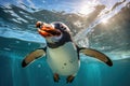Gentoo penguin swimming in the ocean with sunbeams, Gentoo penguin swimming marine life underwater ocean, AI Generated