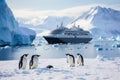 Gentoo penguins and cruise ship, Antarctic Peninsula, Antarctica, Antarctica penguins and cruise ship, AI Generated