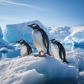 Gentoo penguins on iceberg in Antarctica, Chinstrap penguins nearby