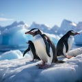 Gentoo penguins on iceberg in Antarctica, Chinstrap penguins nearby