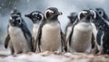 Gentoo penguins waddling in a snowy colony generated by AI