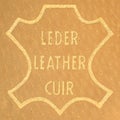 Genuine all natural leather badge label tag, multilingual English, French FR cuir, German DE Leder golden printed text icon