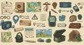 Geocaching-themed illustration featuring various related items. Includes GPS device, Royalty Free Stock Photo