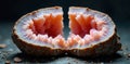 Geode Crystal Formation A macro shot of a geode split in half, showcasing its glittering crystalline interior. The crystals are Royalty Free Stock Photo