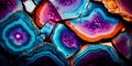 Geode inspired formation with complex colorful crystal formations on a rock background. Generative Ai