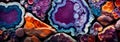 Geode inspired formation with complex colorful crystal formations on a rock background. Generative Ai
