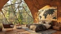 Geodesic dome bedroom with world map decor and forest view Royalty Free Stock Photo