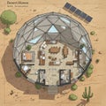 Geodesic dome house layout in a desert setting. Features a transparent, triangular- Royalty Free Stock Photo