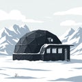 Geodesic dome house situated in a snowy, mountainous landscape. The structure is Royalty Free Stock Photo