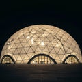 Geodesic dome with illuminated triangular panels, creating a spherical structure. Royalty Free Stock Photo