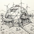 Geodesic dome structure surrounded by wind turbines, drawn in black and white. The Royalty Free Stock Photo