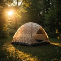 A geodesic dome tent with a camouflage pattern stands in a sunlit clearing in a fores Royalty Free Stock Photo