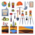 Geodesy Equipment Collection, Geodetic Engineering or Construction Instruments and Devices Flat Style Vector