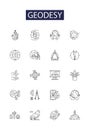 Geodesy line vector icons and signs. Geodetics, Surveying, Cartography, Earth, Measuring, Topography, Gravity, Reference
