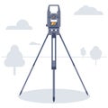 Geodetic instrument in a field with trees. Cadastral equipment. Theodolite. Vector Illustration