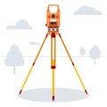 Geodetic instrument in a field with trees. Cadastral equipment. Theodolite. Vector Illustration