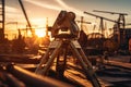 Geodetic level on the background of a costruction site on the sunset Royalty Free Stock Photo