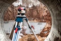 Geodetic level at the construction site. Indication of the elevation of the building under construction. Close-up. Blurred