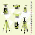 Geodesy measuring equipment, engineering technology for land survey on world map background. Flat design