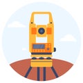 Geodetic optical measuring laser level device. Tachymeter, Theodolite with ground and clouds circle Icon. Vector