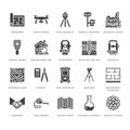 Geodetic survey engineering vector flat glyph icons. Geodesy equipment, tacheometer, theodolite. Geological research