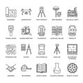 Geodetic survey engineering vector flat line icons. Geodesy equipment, tacheometer, theodolite, tripod. Geological Royalty Free Stock Photo